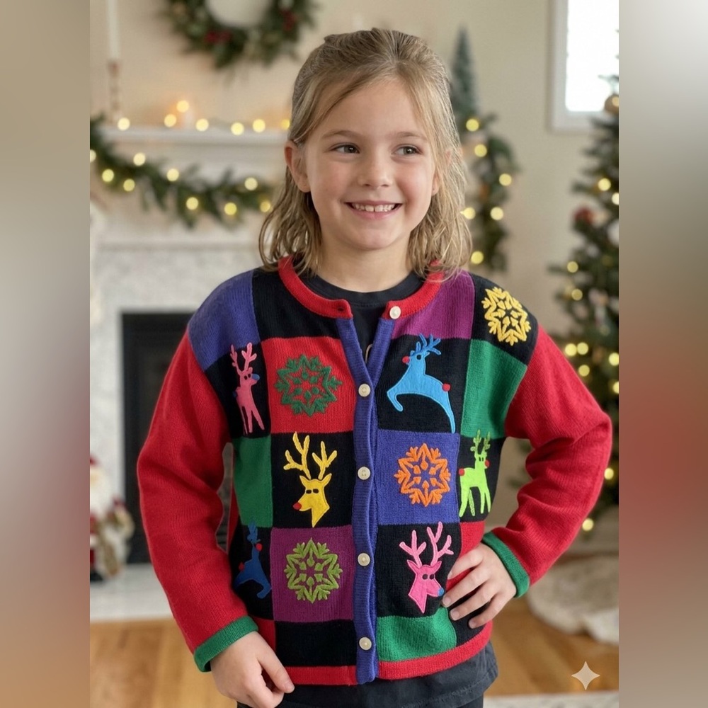 Talbots Multicolor Patchwork Reindeer Cardigan - Red, Green, Black